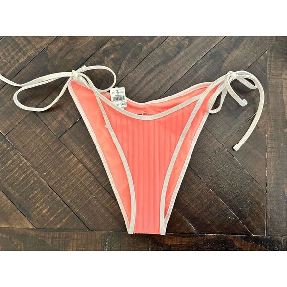 Aerie Pink and White Ribbed Cheekiest Tie Side Bikini Bottom Size Medium - Picture 2 of 4
